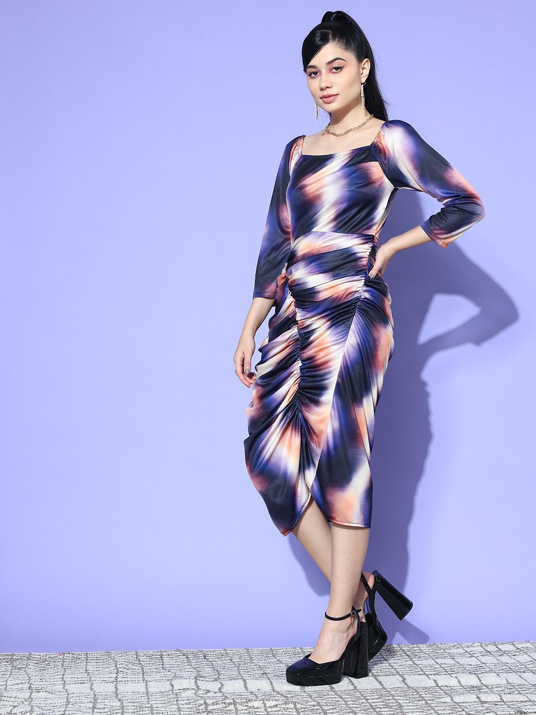 Antheaa Printed Puff Sleeve Sheath Midi Dress