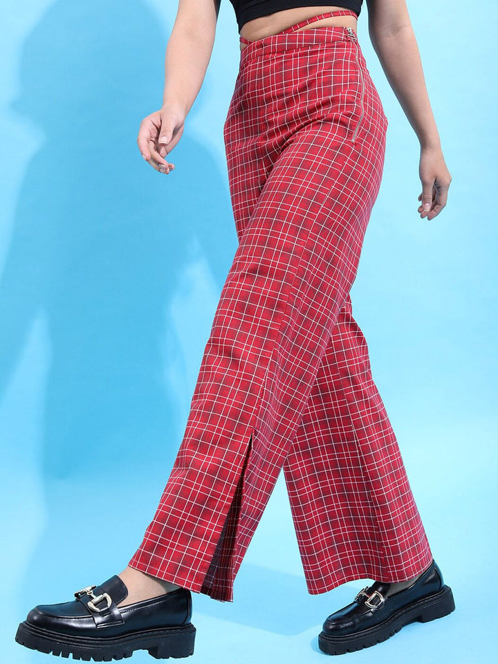 Tokyo Talkies Women Maroon Checked Flared Trousers