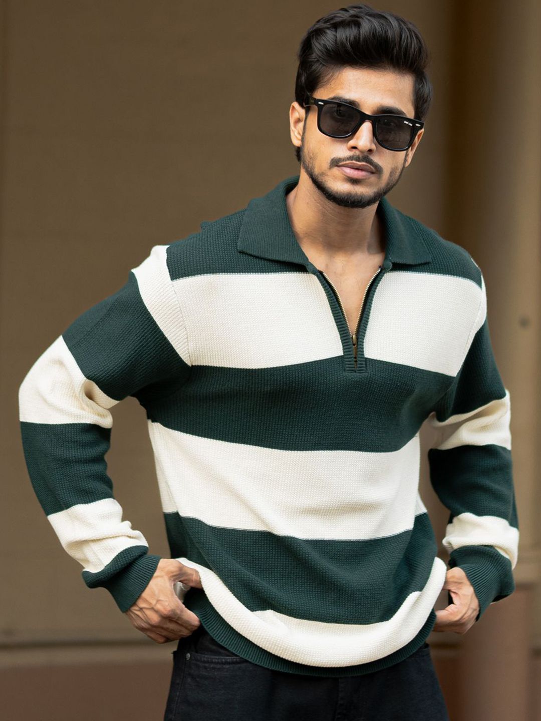 Powerlook Men Striped Polo Collar Cotton Relaxed Fit T-shirt
