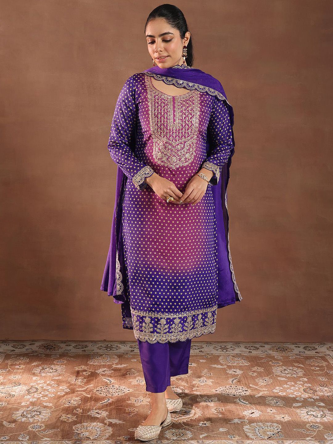 Libas Women Bandhani Printed Regular Kurta with Trousers & With Dupatta