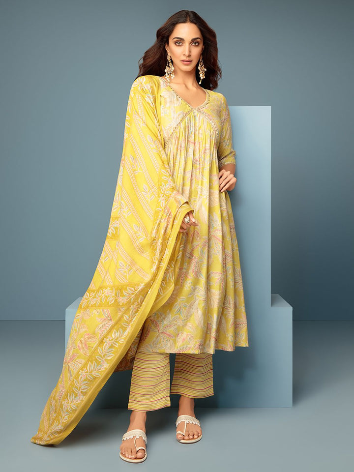 Libas Floral Printed Empire Gotta Patti Kurta with Palazzos & Dupatta