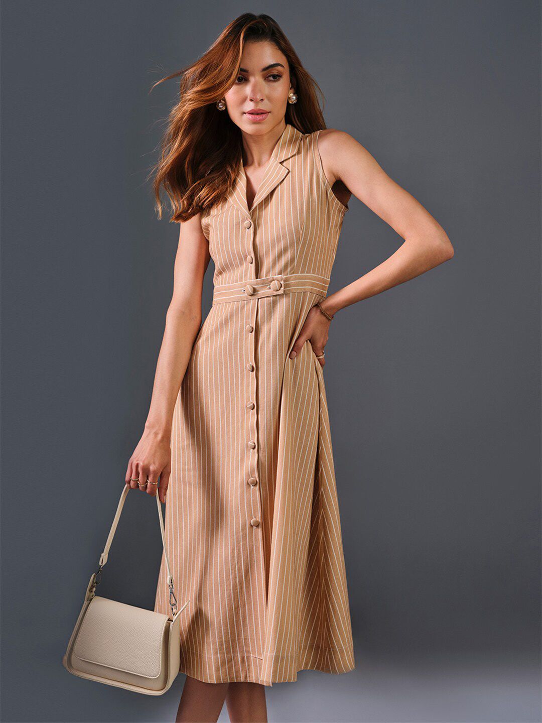 AND Lapel Collar Sleeveless Striped A-Line Midi Dress