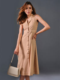AND Lapel Collar Sleeveless Striped A-Line Midi Dress