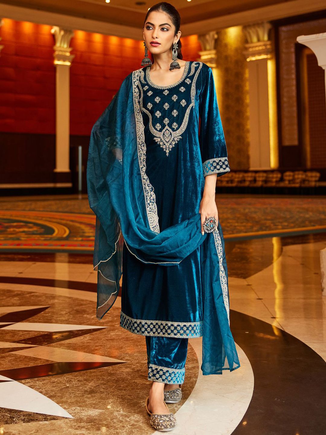 Indo Era Women Ethnic Motifs Embroidered Regular Velvet Kurta with Trousers & With Dupatta