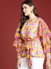 all about you Floral Print Puff Sleeves Georgette Peplum Top
