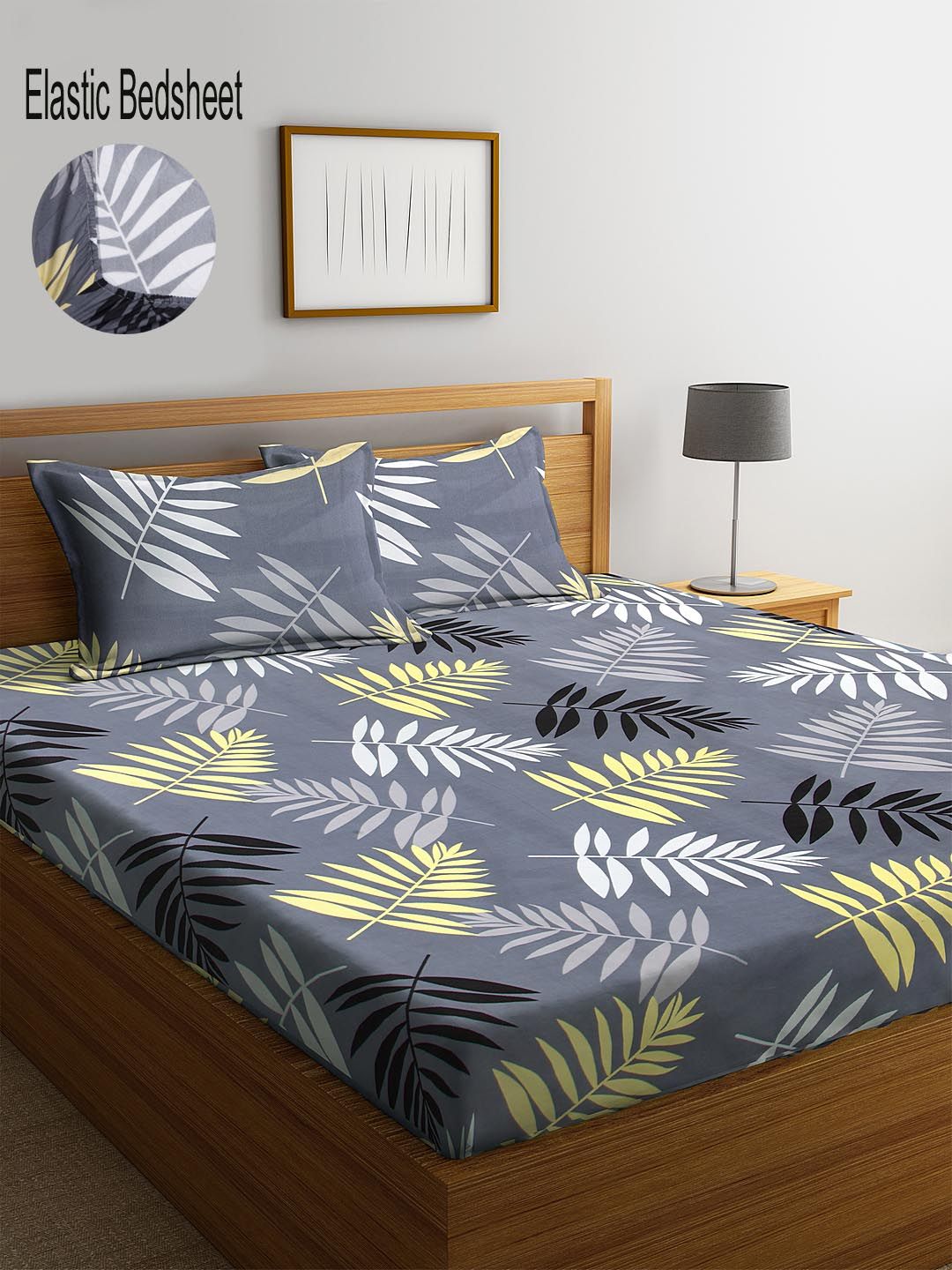KLOTTHE Grey & Black Floral 300 TC Fitted Double King Bedsheet with 2 Pillow Covers