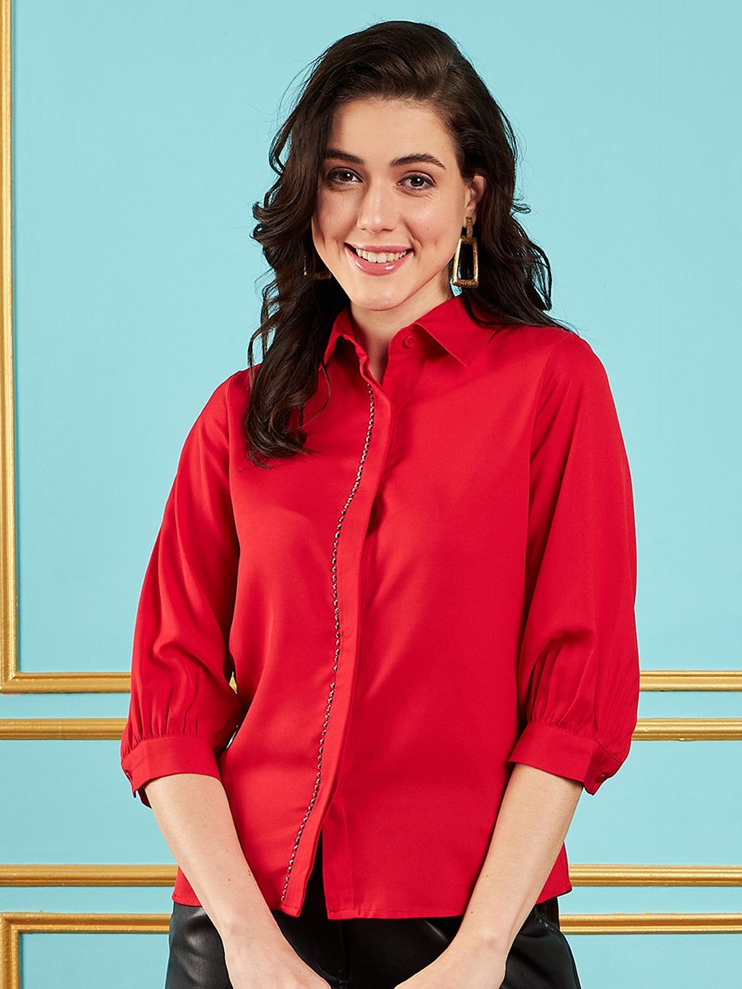 SASSAFRAS Red Puff Sleeves Embroidered Party Shirt