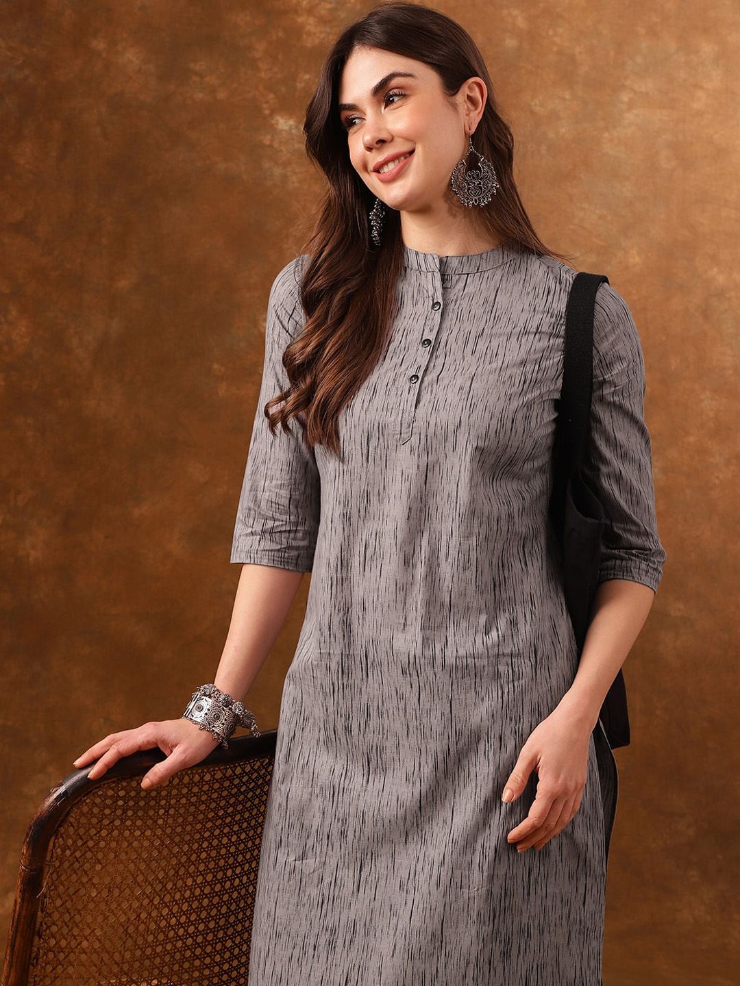 Anouk Grey Abstract Printed Mandarin Collar Cotton Kurta