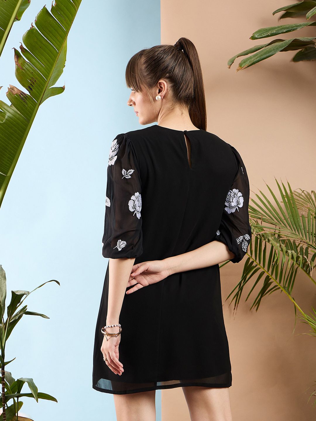 SASSAFRAS Floral Printed Puff Sleeves Round Neck A-Line Dress