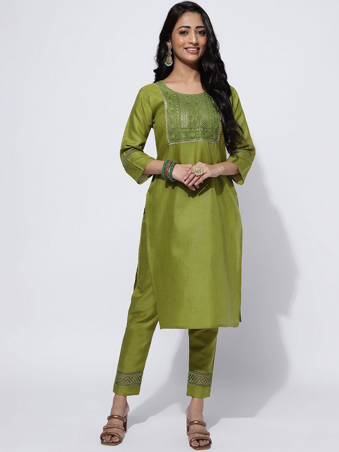 KALINI Ethnic Motifs Embroidered Yoke Design Kurta With Trousers & Dupatta