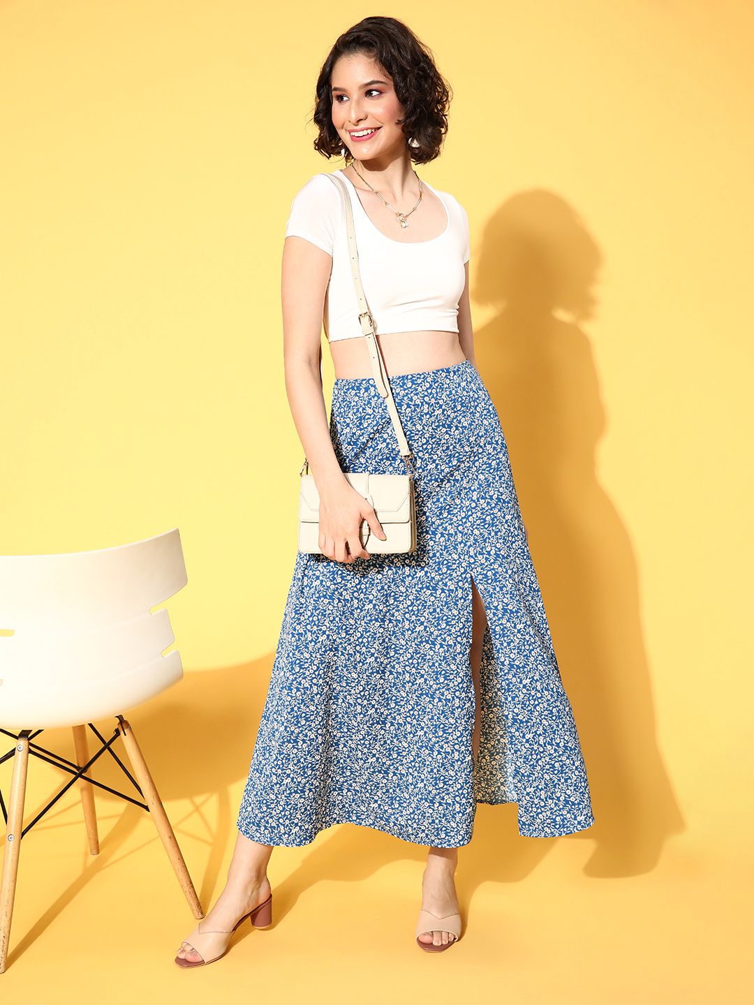 Berrylush Blue Ditsy Floral Print High-Rise A-Line Skirt
