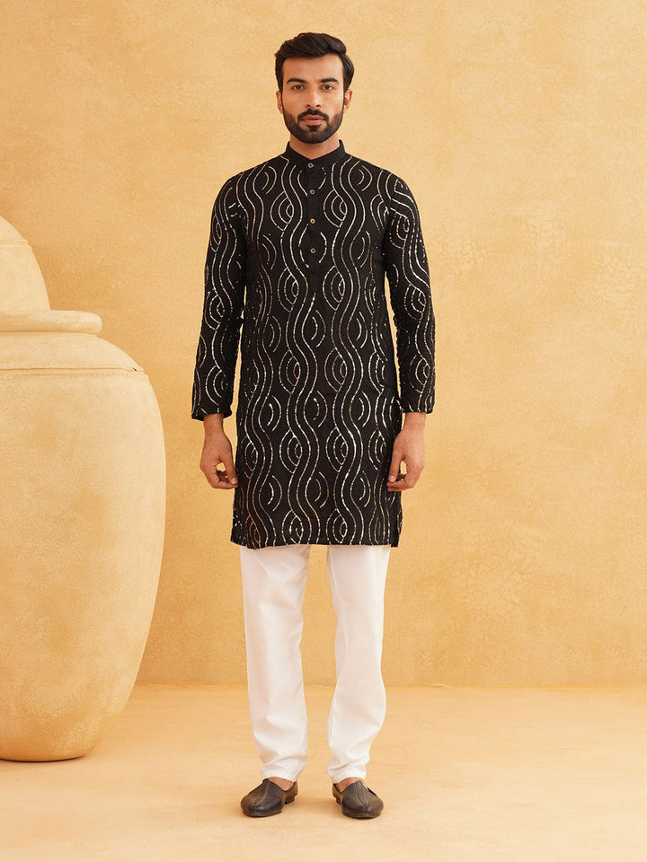 SOJANYA Geometric Embroidered Mandarin Collar Long Sleeves Pure Cotton Kurta With Churidar