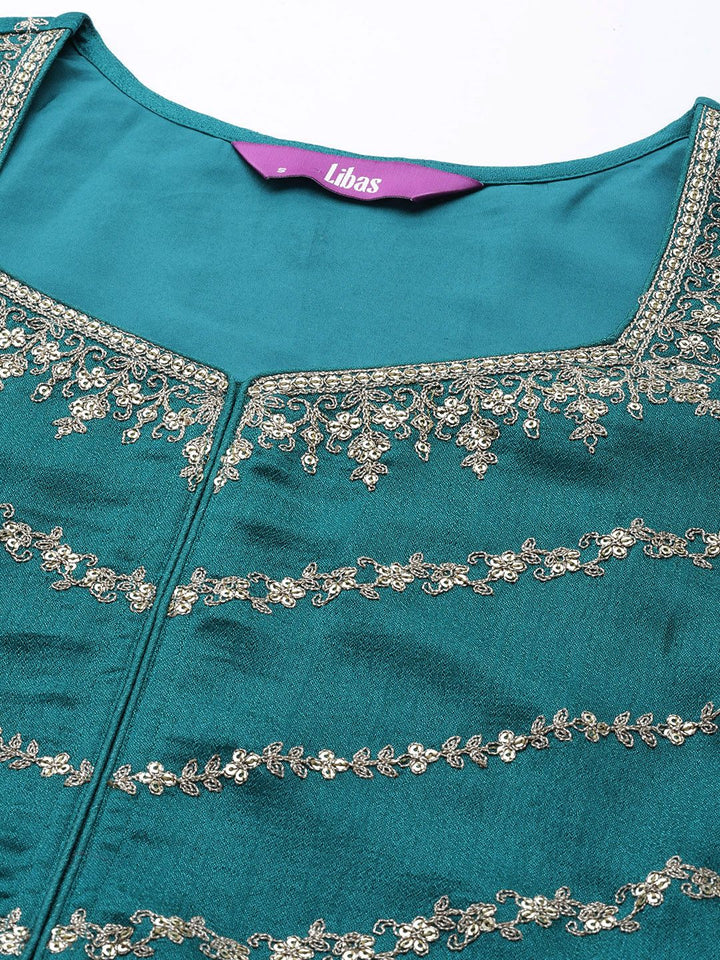 Libas Floral Embroidered Empire Sequinned Kurta with Trousers & With Dupatta
