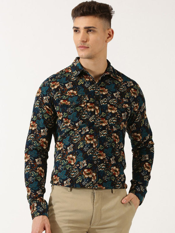 Thomas Scott Classic Slim Fit Corduroy Floral Printed Pure Cotton Semiformal Shirt