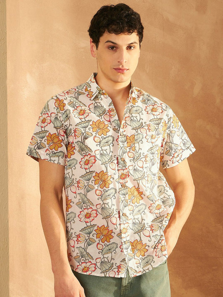 DENNISON Smart Oversized Floral Printed Spread Collar Cotton Lightweight Shirt