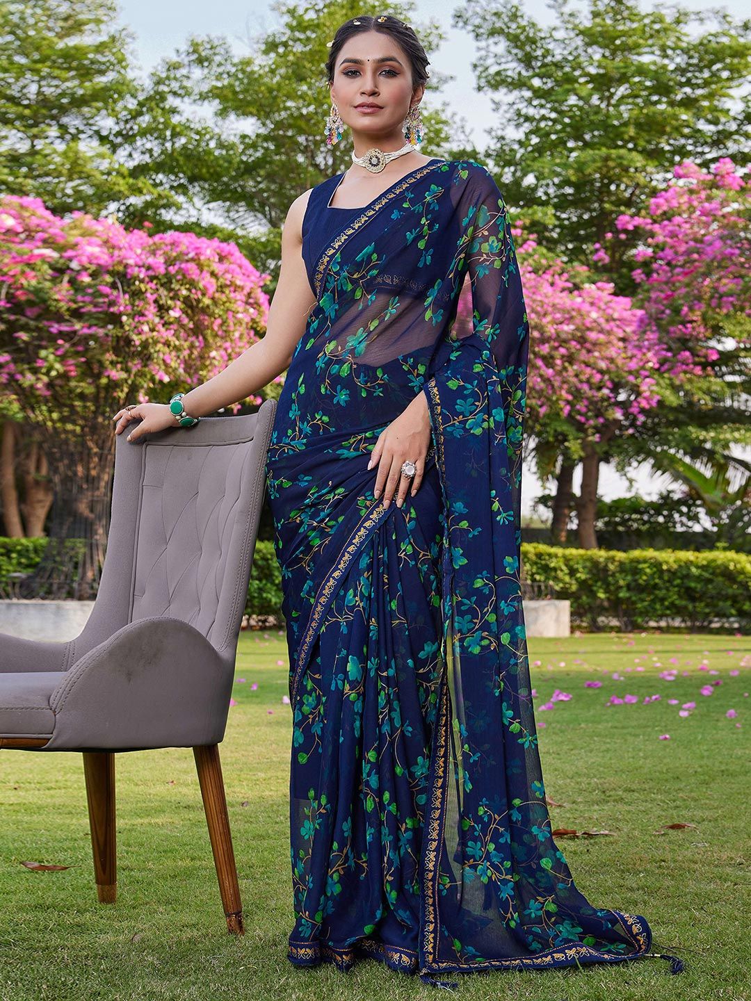 KALINI Women Blue Floral Pure Chiffon Saree