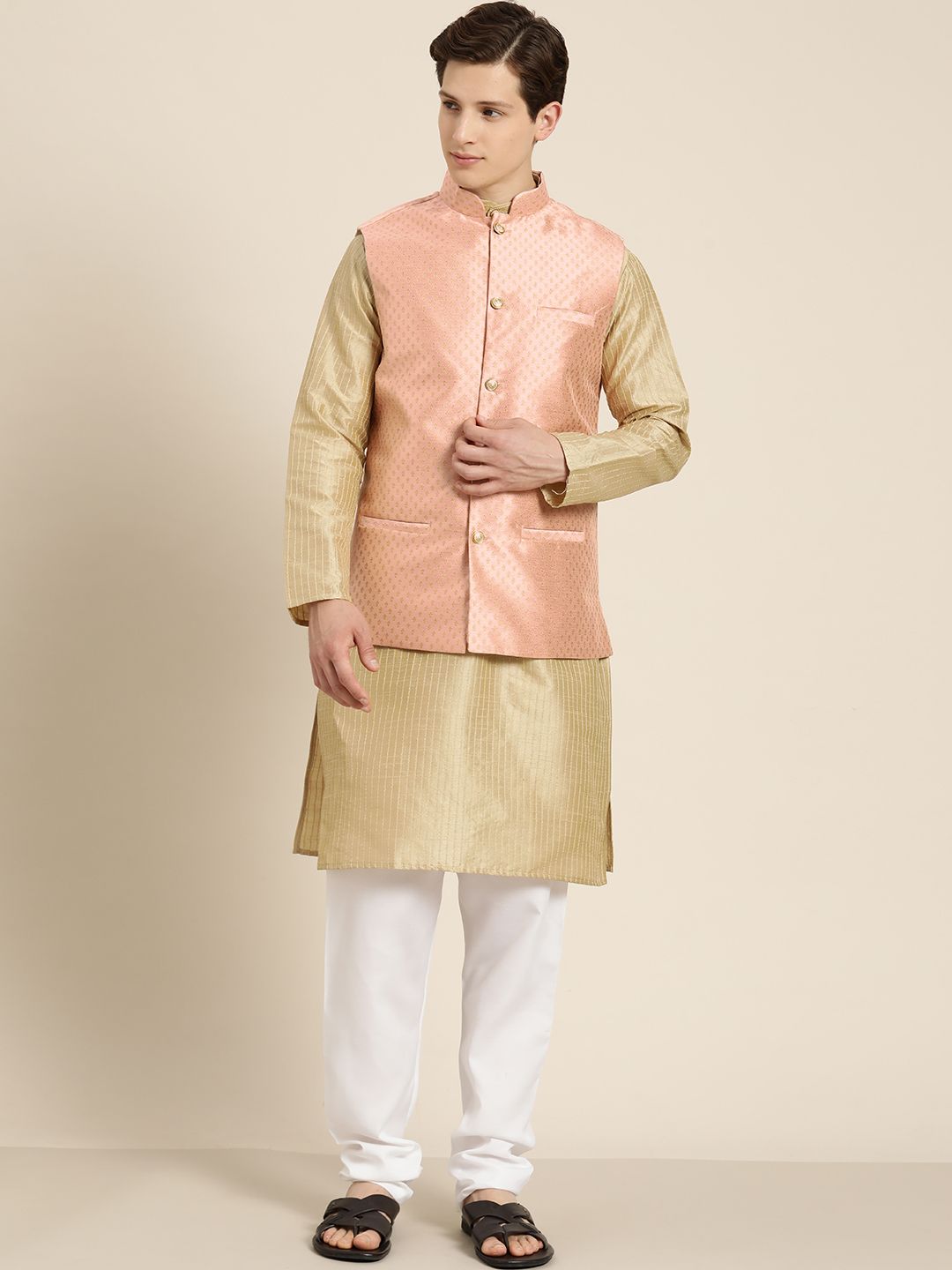 SOJANYA Men Beige Thread Work Straight Kurta Churidar with Nehru Jacket