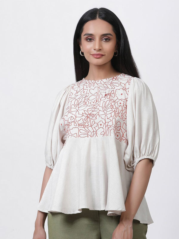 W Embroidered Puffed Sleeves A-Line Top