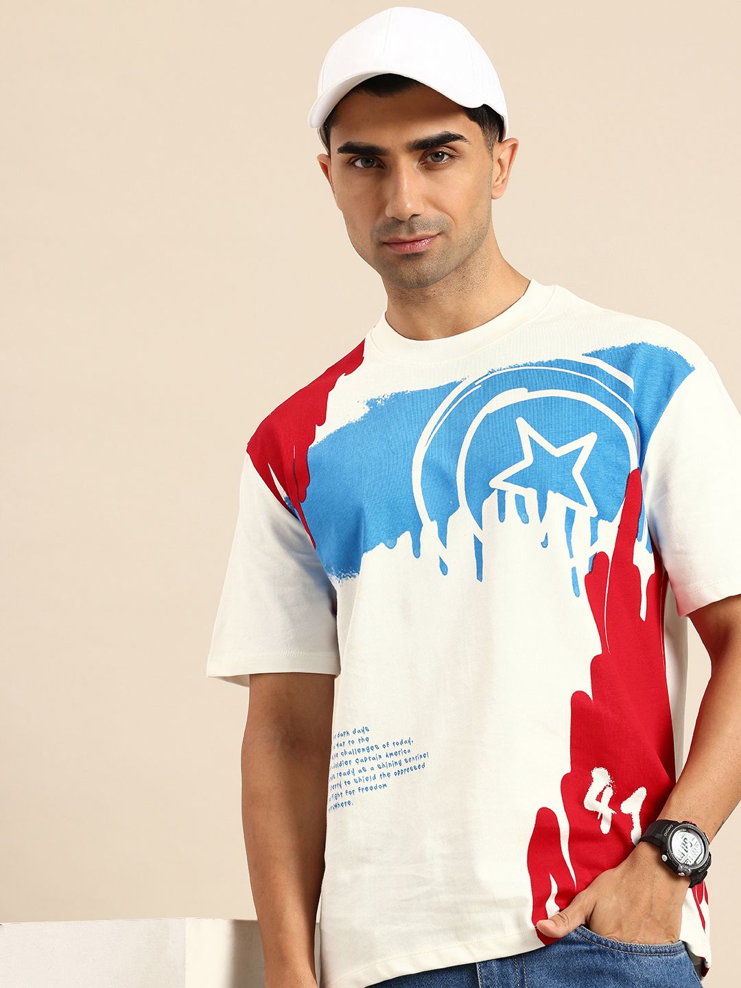 Being Human Captain America Printed Drop-Shoulder Sleeves Easy Fit Pure Cotton T-shirt