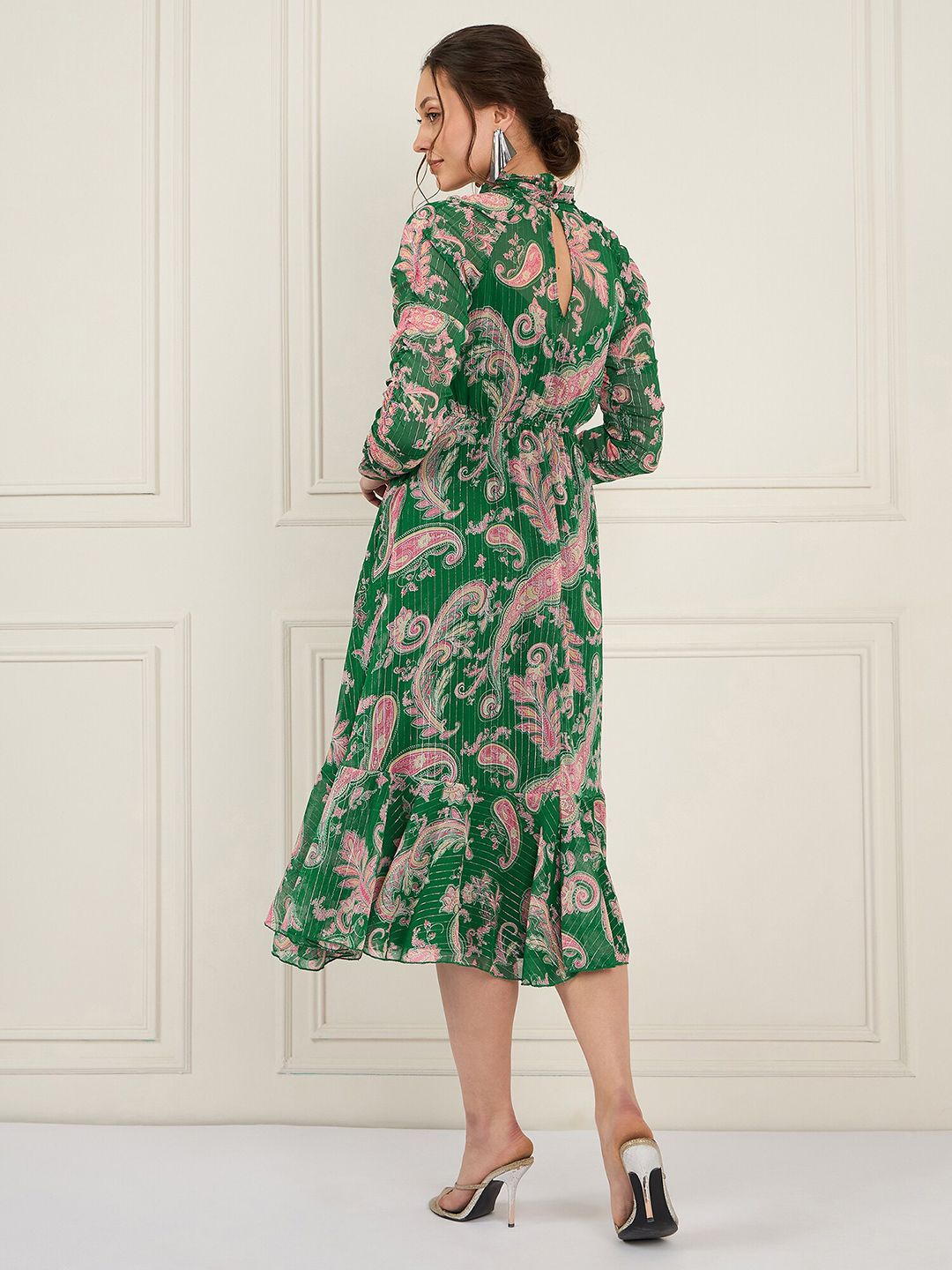 Antheaa Floral Printed Chiffon High Neck Fit & Flare Midi Dress