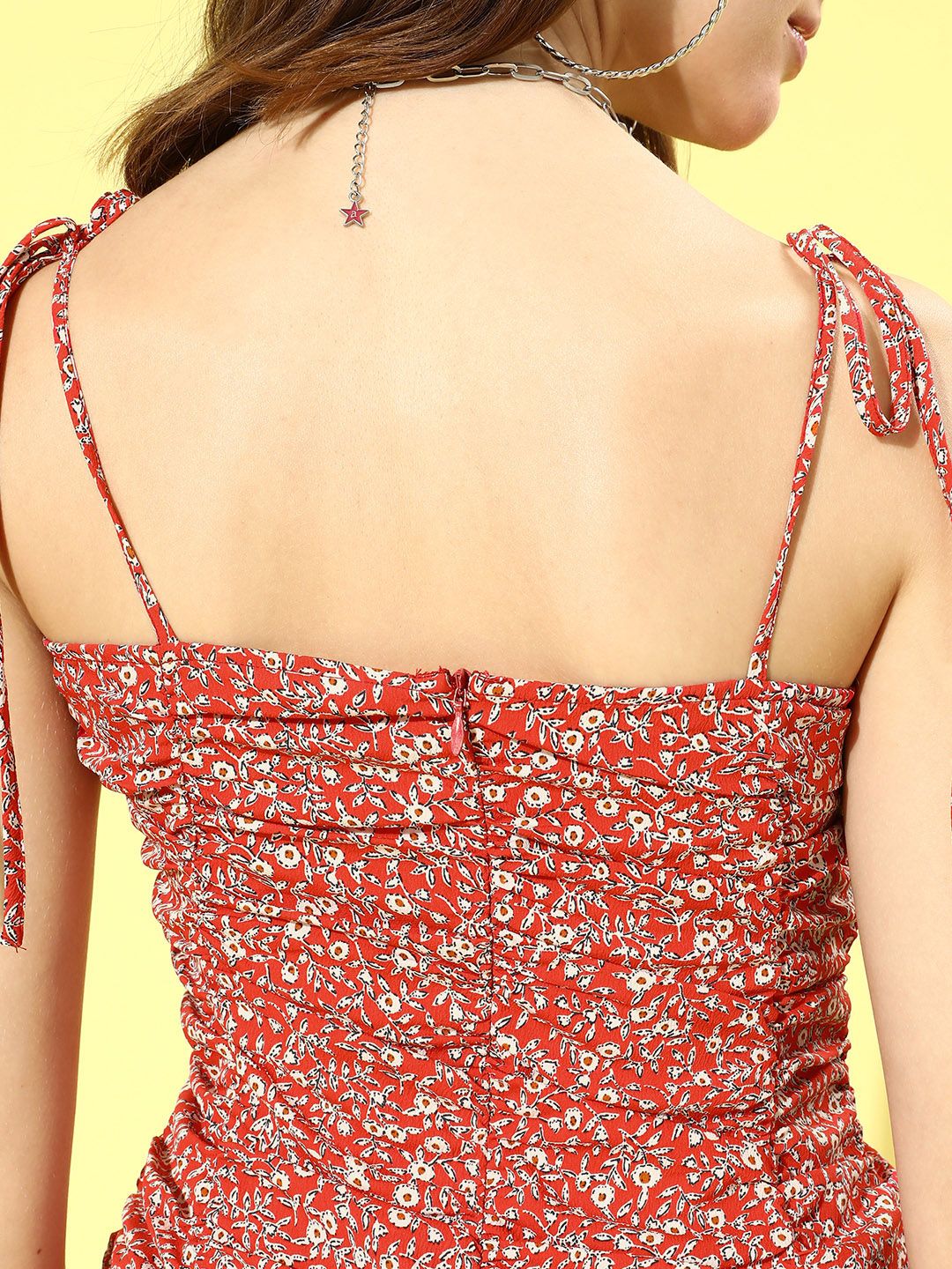 Berrylush Women Gorgeous Red Floral Ruched Dress