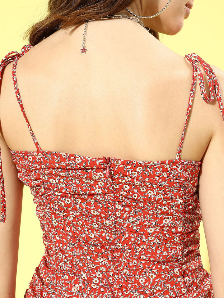 Berrylush Women Gorgeous Red Floral Ruched Dress