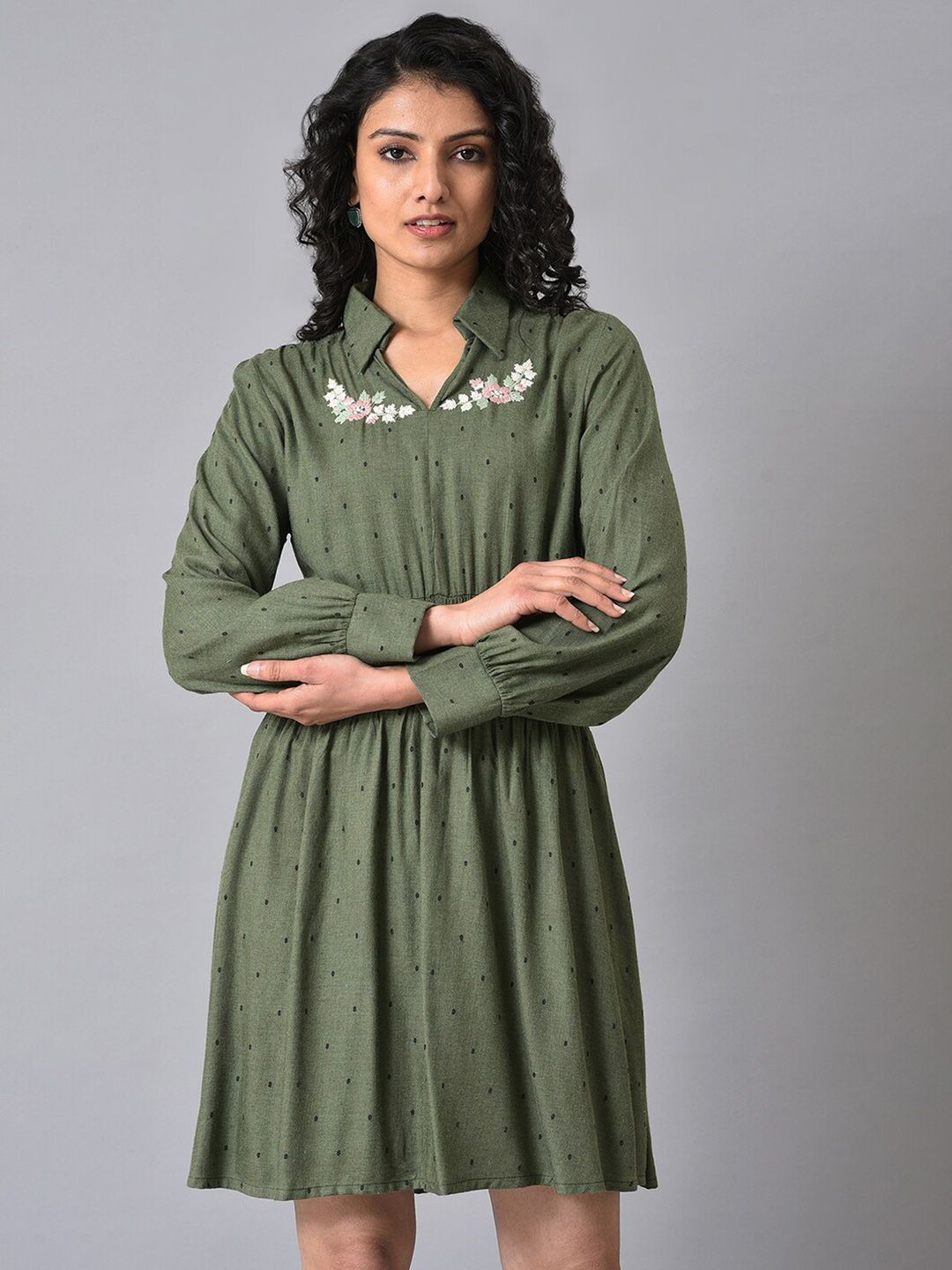 W Green Shirt Collar Polka Dots Printed Embroidered Fit And Flare Dress