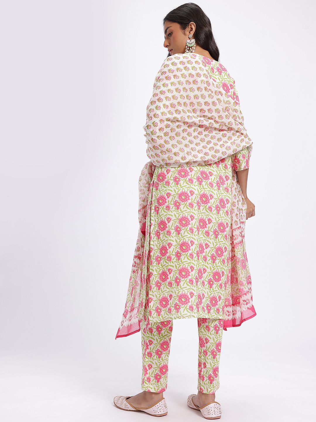 Anouk Floral Printed Pure Cotton Straight Kurta with Trousers & Dupatta