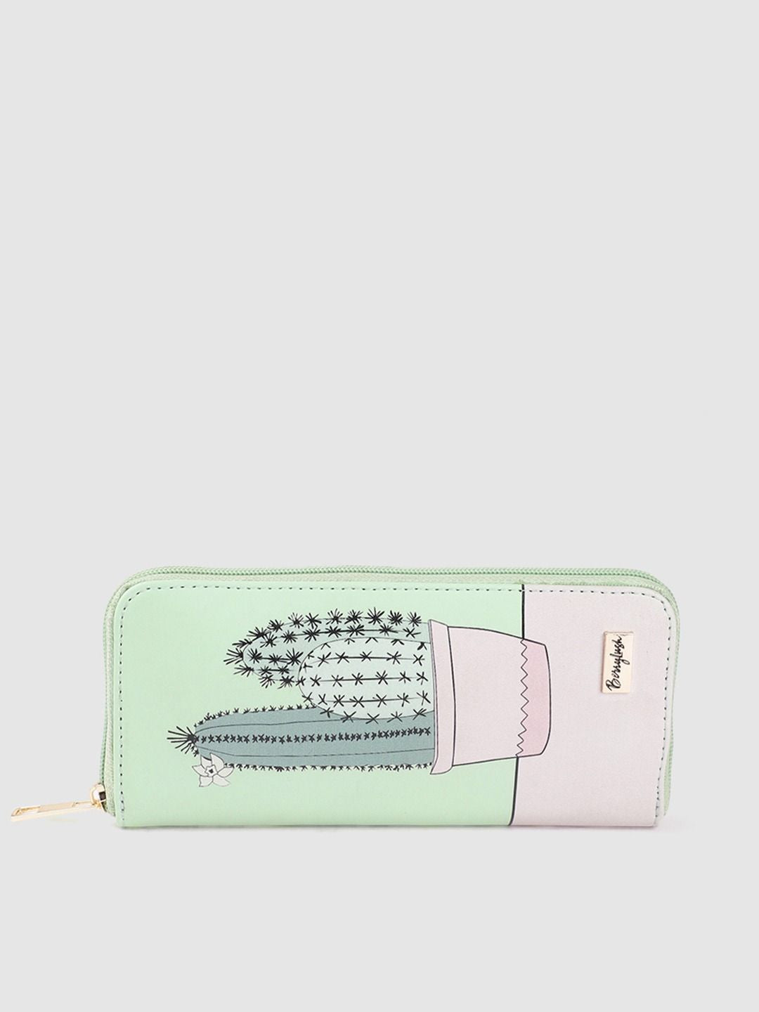 Berrylush Women Green & Pink Printed Zip Detail Zip Around Wallet