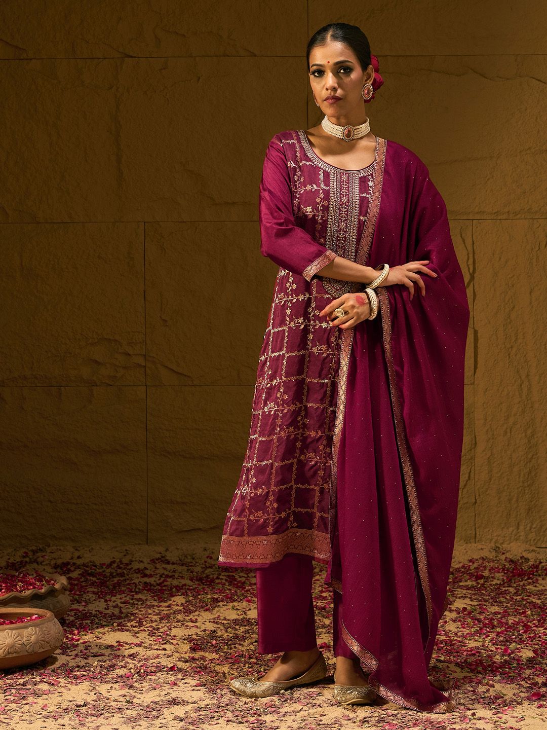 Indo Era Floral Embroidered Jacquard Straight Kurta With Trousers & Dupatta