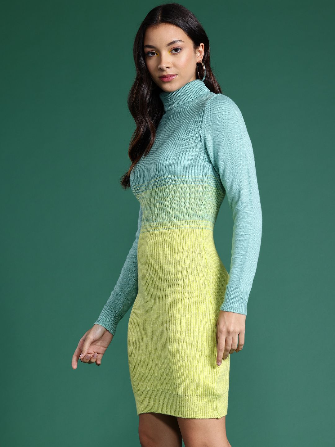 DressBerry Full Sleeves High Neck Colourblocked Mini Sweater Dress
