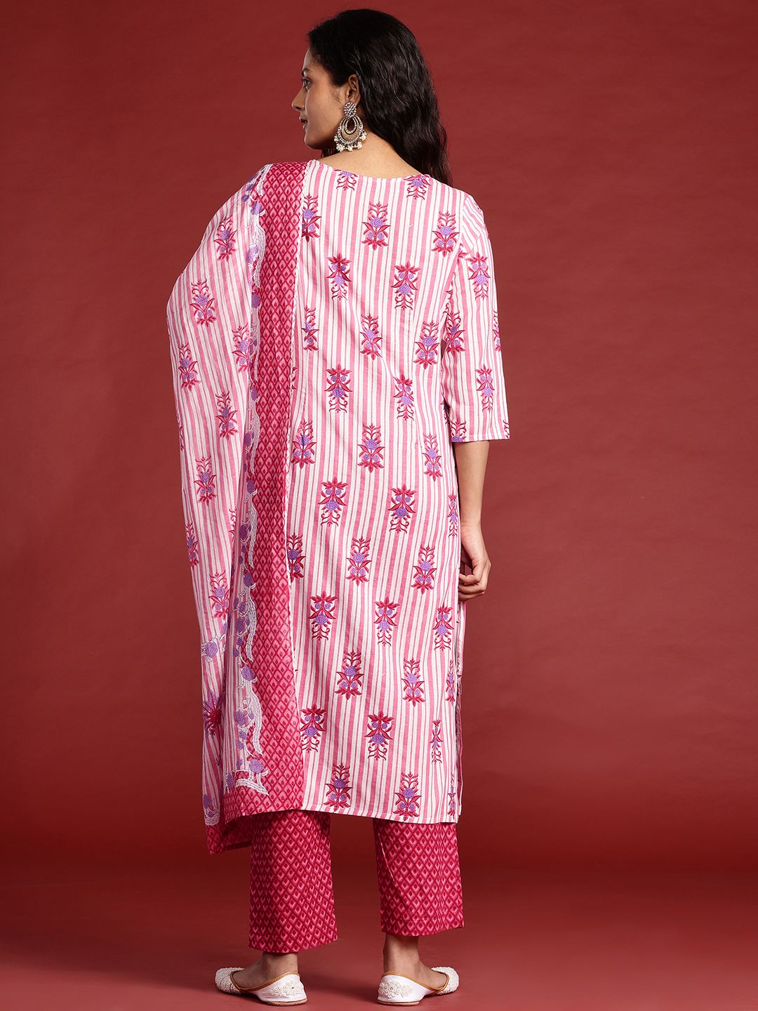 Anouk Striped Regular Cotton Kurta with Trousers & With Dupatta