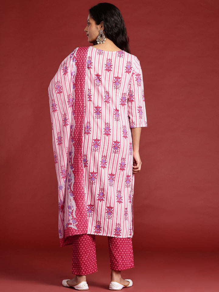 Anouk Striped Regular Cotton Kurta with Trousers & With Dupatta