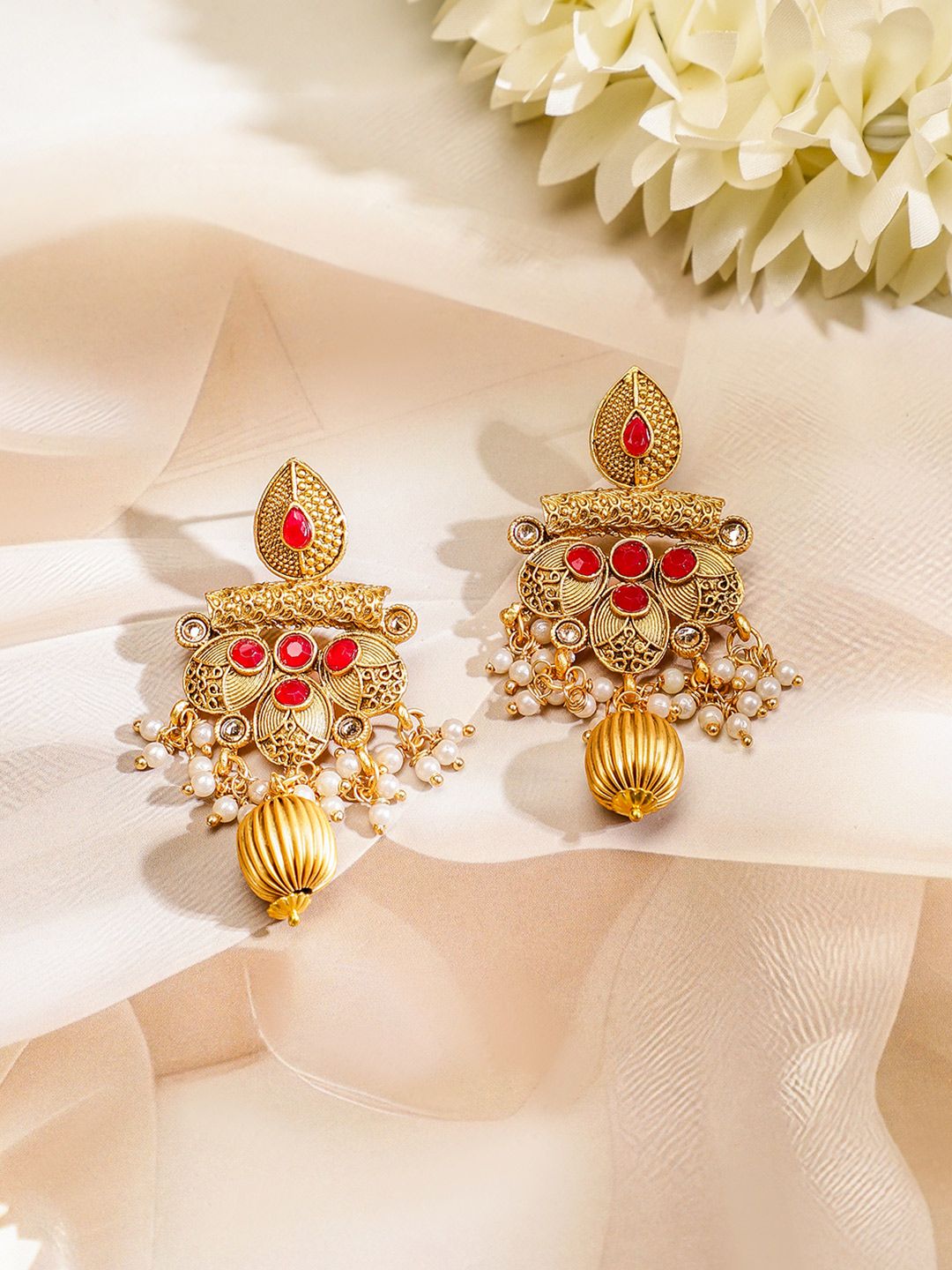 Rubans 22K Gold-Plated Ruby & White Pearl Beaded Multistrand Temple Motif Jewellery Set