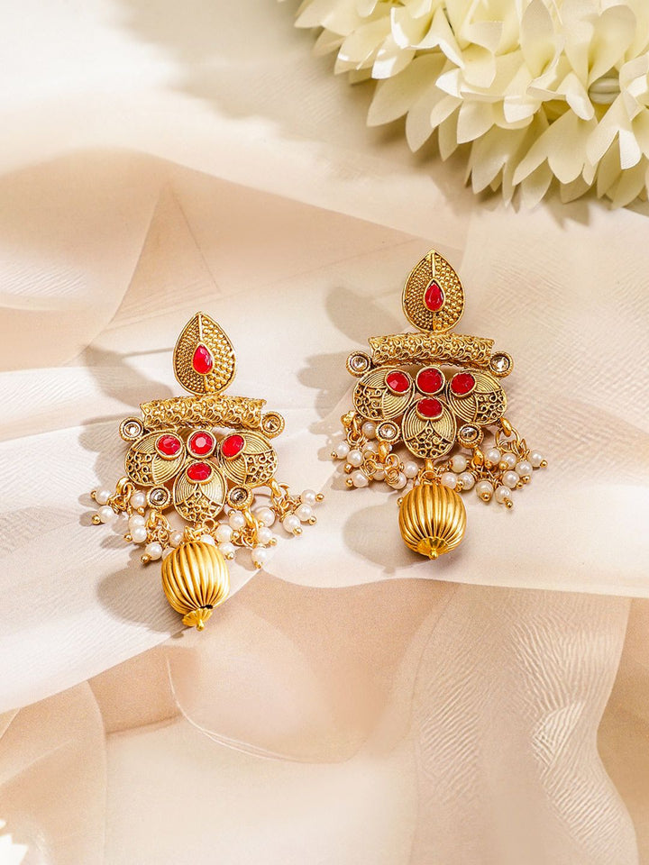 Rubans 22K Gold-Plated Ruby & White Pearl Beaded Multistrand Temple Motif Jewellery Set