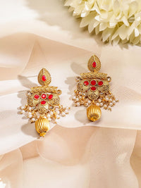 Rubans 22K Gold-Plated Ruby & White Pearl Beaded Multistrand Temple Motif Jewellery Set