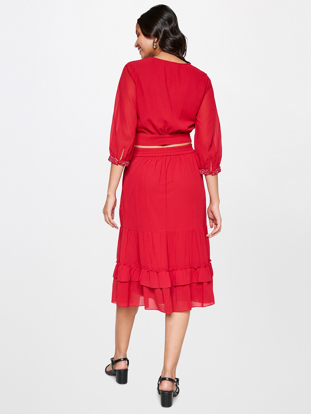 AND V-Neck Puff Sleeves Crop Top With Skirt Co-Ords