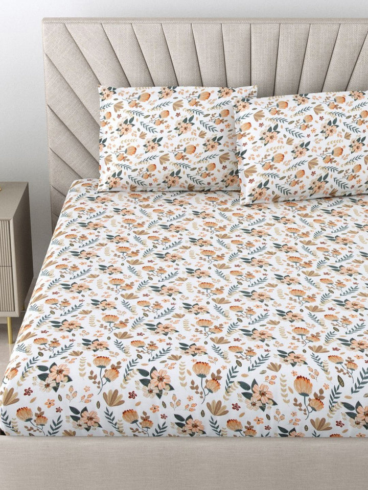 BOMBAY DYEING Dream Lover Brown Floral 104 TC Cotton Queen Bedsheet Set-2.24 m X 2.54 m