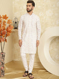 SOJANYA Ethnic Motifs Embroidered Sequined Pure Cotton Straight Kurta with Churidar
