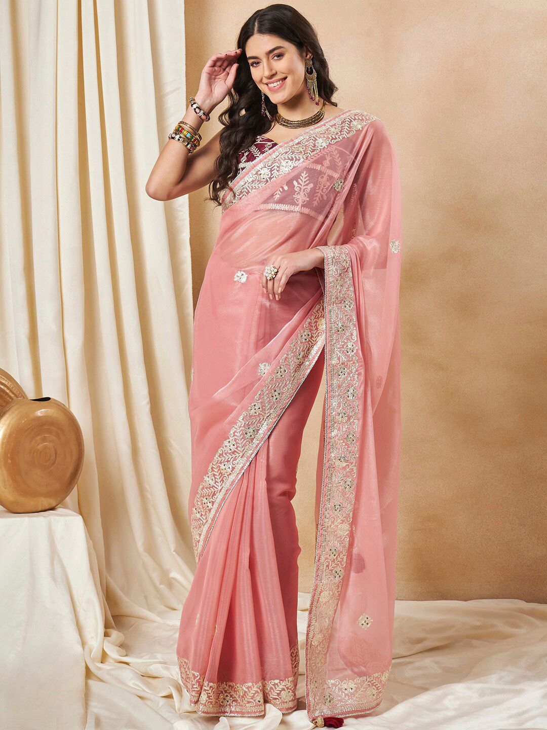 Saree mall Peach Ethnic Motifs Embellished Gotta Patti Organza Saree