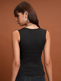 Tokyo Talkies Black Ribbed Square Neck Fitted Top