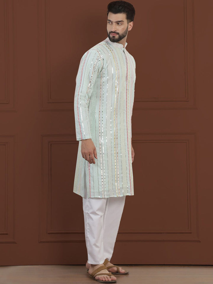 SOJANYA LUXE Striped Embroidered Mandarin Collar Straight Georgette Kurta & Pyjama