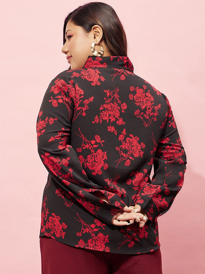 Berrylush Curve Plus Size Black Floral Printed Tie-Up Neck Top