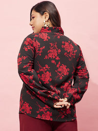 Berrylush Curve Plus Size Black Floral Printed Tie-Up Neck Top