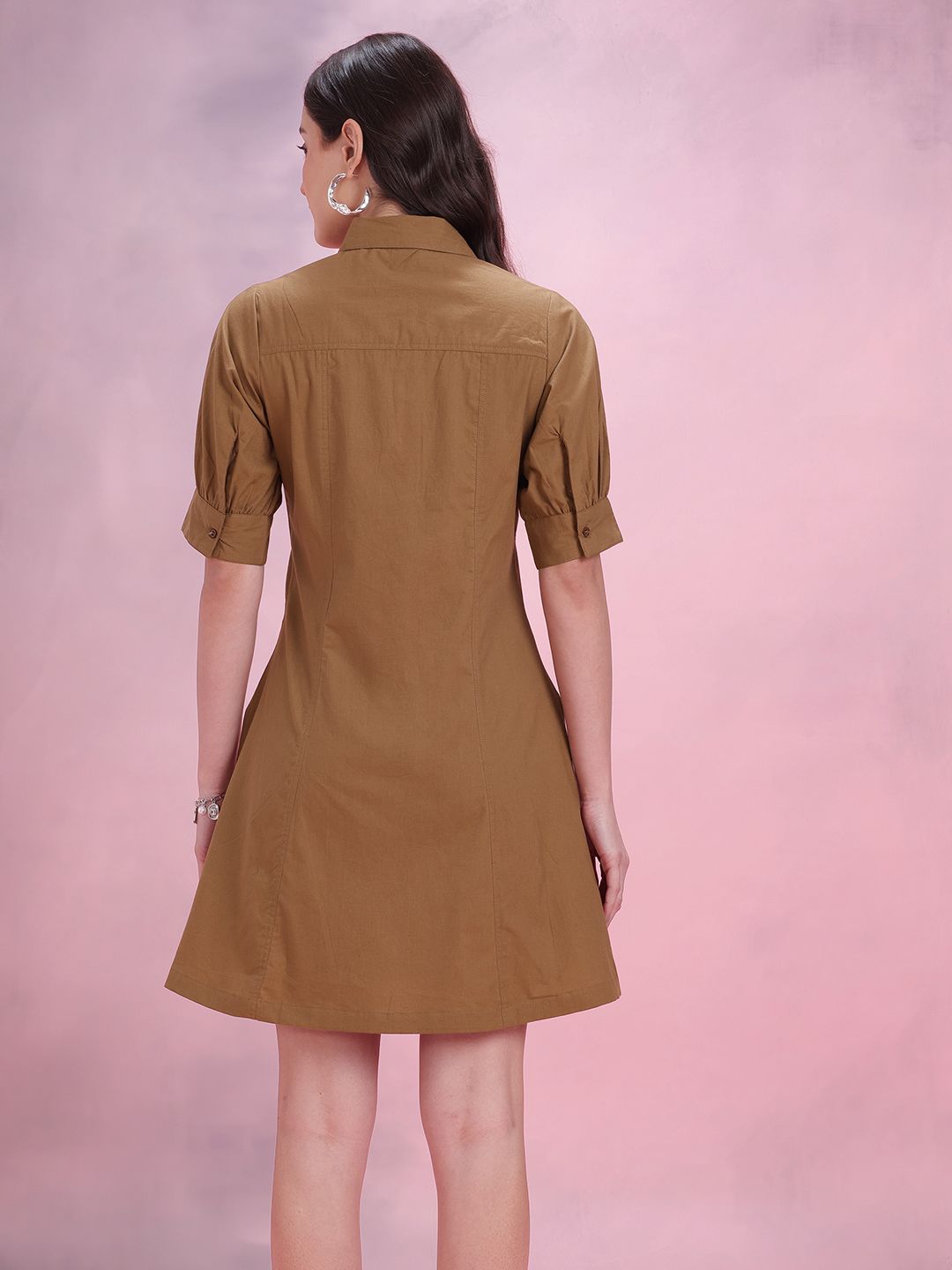 DressBerry Pure Cotton Puff Sleeves Mini Shirt Dress