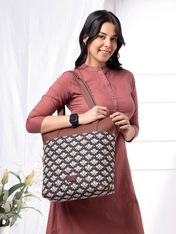 ZOUK Ethnic Motifs Printed Structured Jute Tote Bag