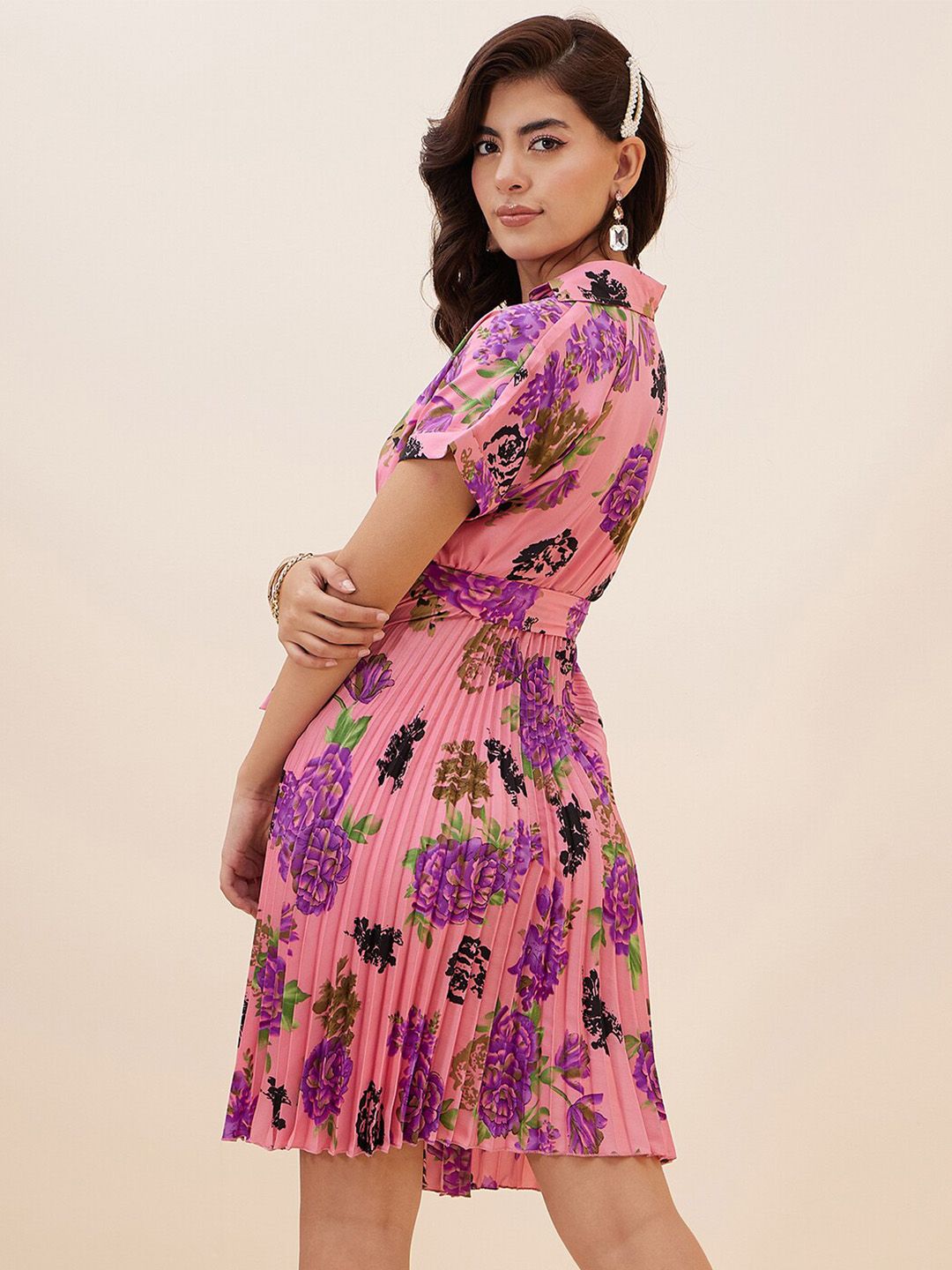 Antheaa Floral Printed Accordion Pleats Fit and Flare Dress