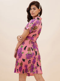 Antheaa Floral Printed Accordion Pleats Fit and Flare Dress