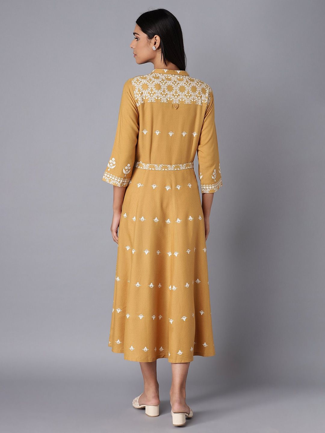 W Yellow Ethnic Motifs A-Line Midi Dress