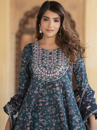 KALINI Floral Embroidered Thread Work Pure Cotton Anarkali Kurta With Trousers & Dupatta
